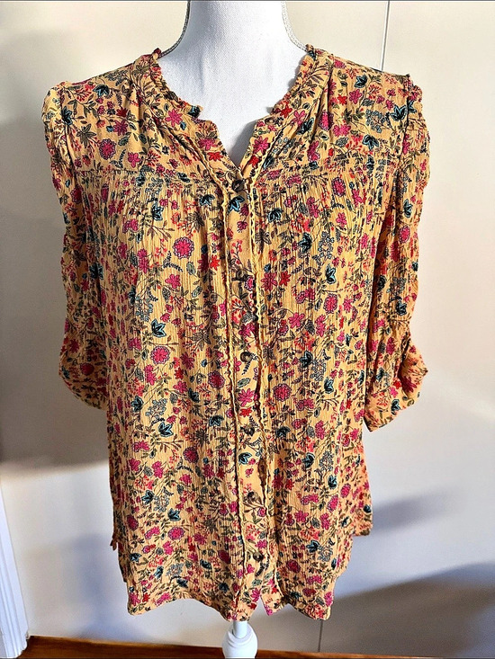 Democracy Tops - Democracy Floral Blouse in Yellow & Pink Size Large Like New